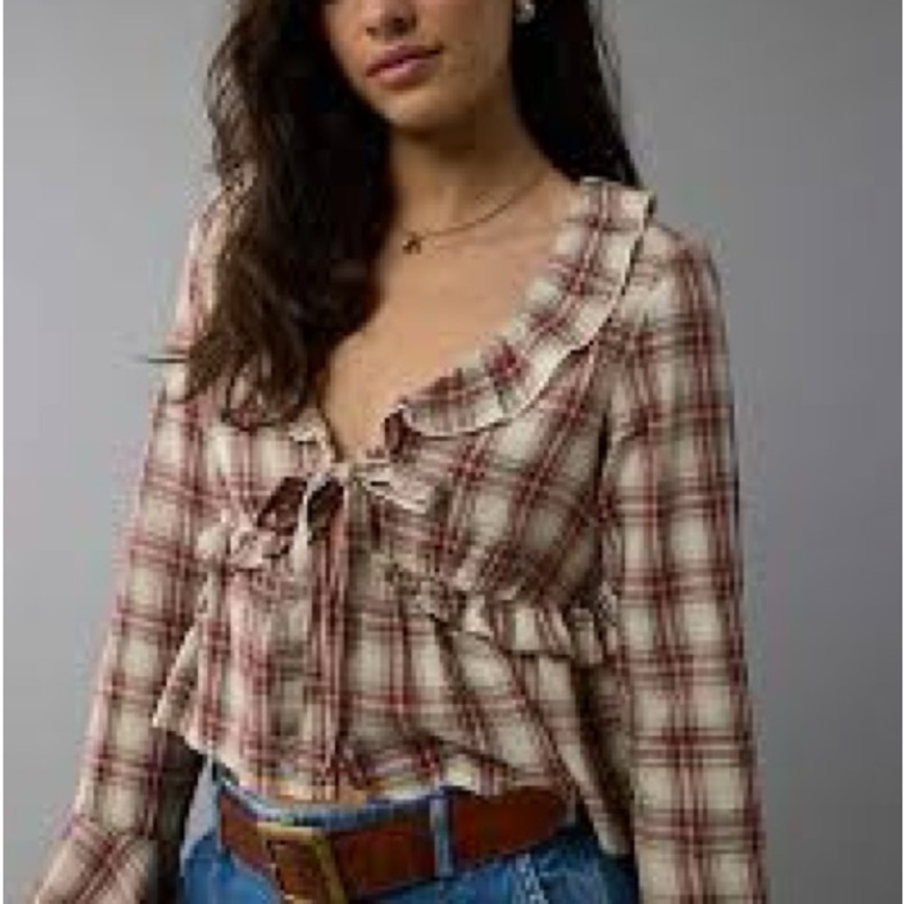 American Eagle Outfitters Beige Plaid Ruffle Blouse